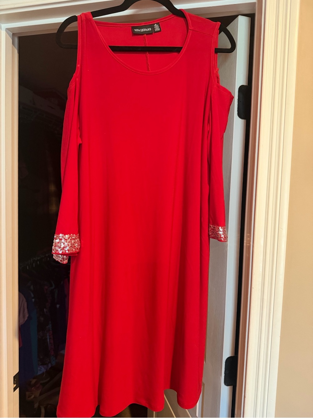 Nina Leonard Red Cold-Shoulder Dress with Sequin Cuffs Sz XL